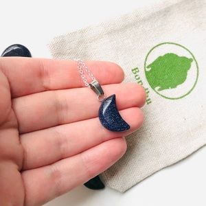 Genuine Blue Goldstone crescent moon necklace on sterling silver chain